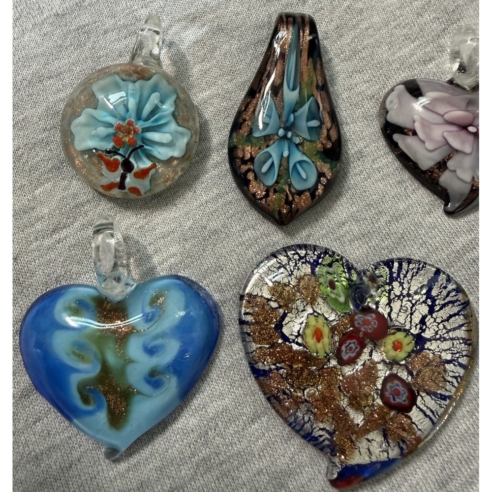 Art Glass PENDANTS (7) Handmade Artisan Flower Butterfly Millefiori Heart Shapes - Picture 3 of 16